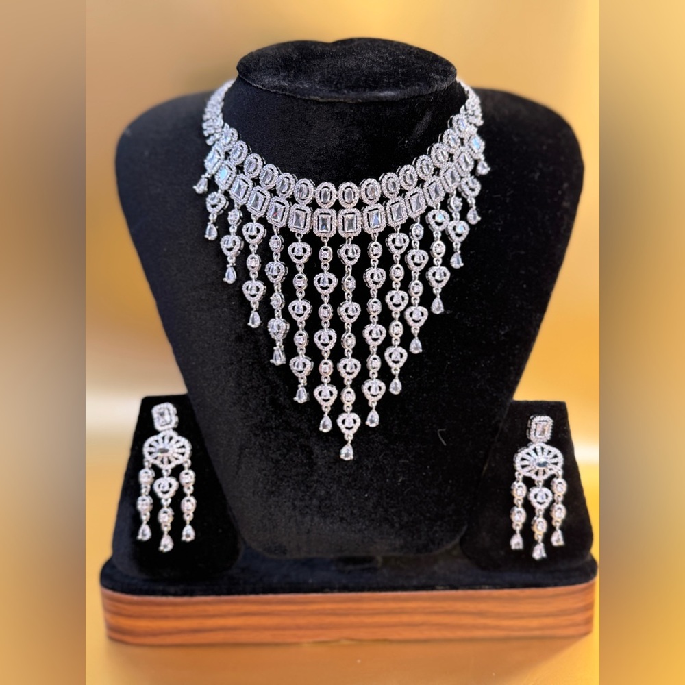 Elegant Silver-Tone Rhinestone Fringe Necklace & Earring Set